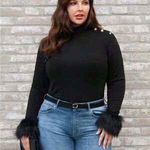 Elegant Black Long Sleeve Top with Fur Cuffs